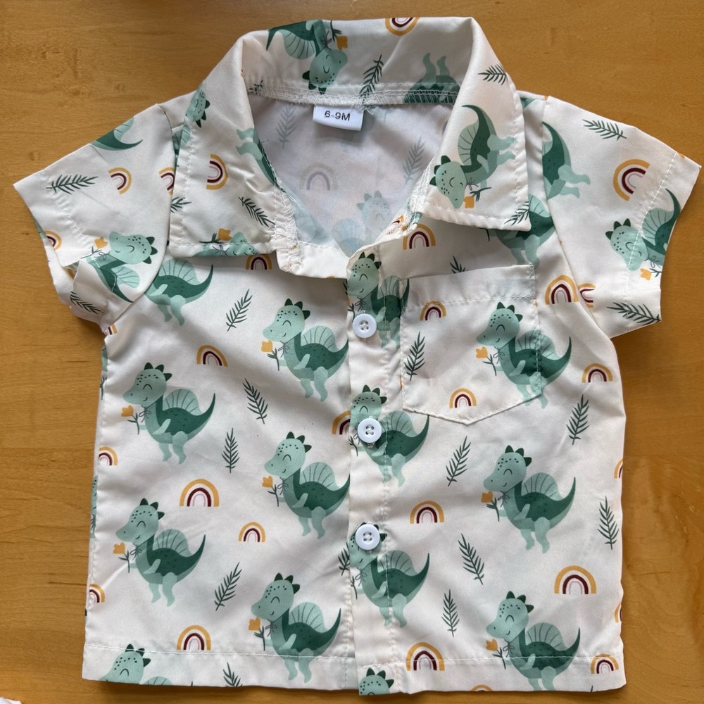 Dinosaur Print Kids Shirt - Green & Cream